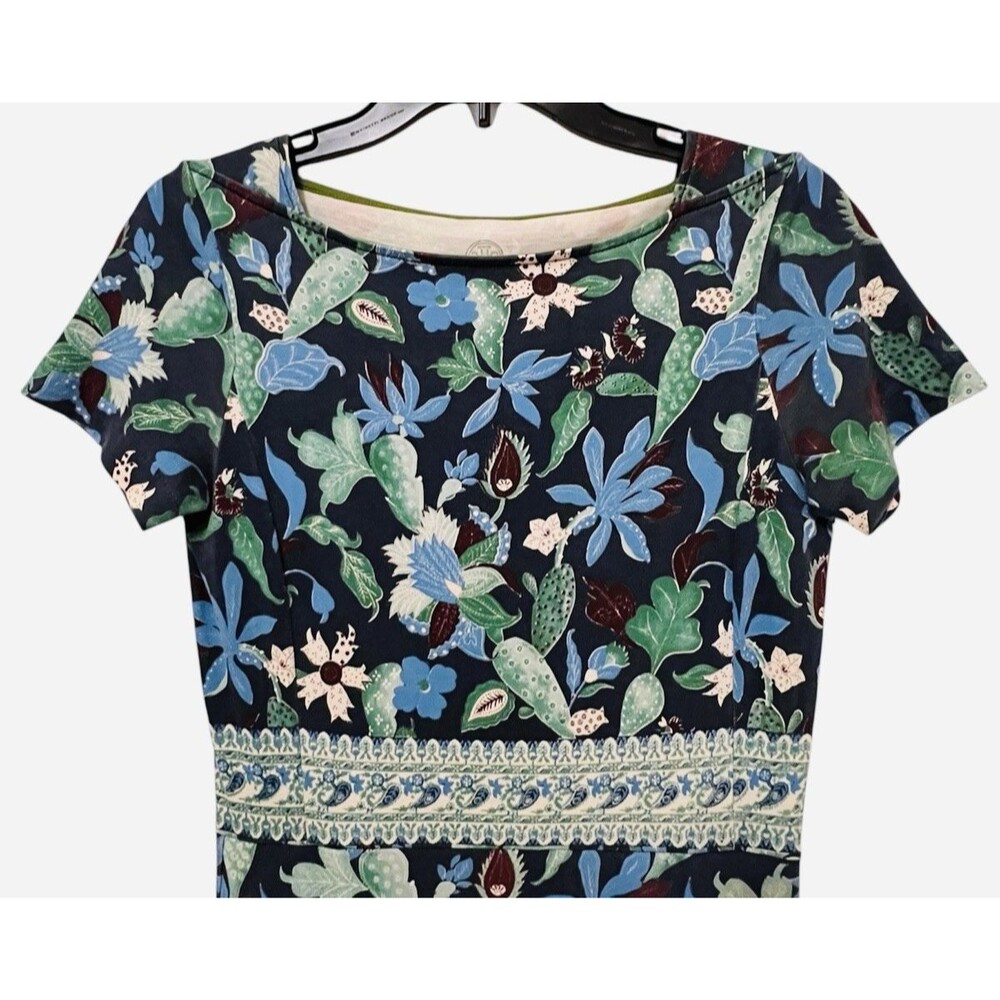 TORY BURCH Wisteria Garden Flare A Line Dress Floral Cotton Navy Blue Green XS - Picture 4 of 7